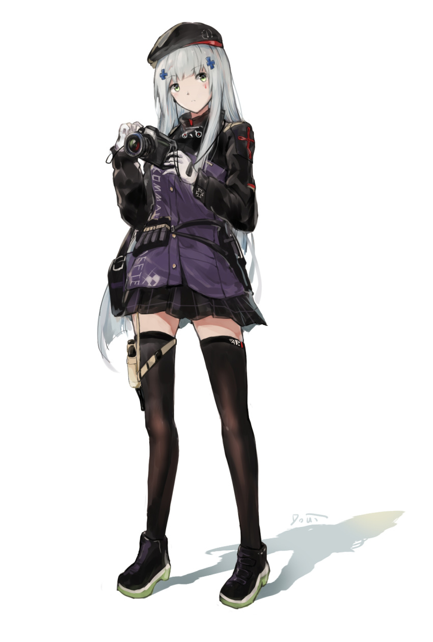 belt beret camera commentary doui facial_tattoo full_body girls_frontline gloves green_eyes gun hat highres hk416_(girls_frontline) jacket long_hair long_sleeves miniskirt pleated_skirt rifle silver_hair simple_background skirt solo standing tattoo thighhighs very_long_hair weapon white_background white_gloves zettai_ryouiki