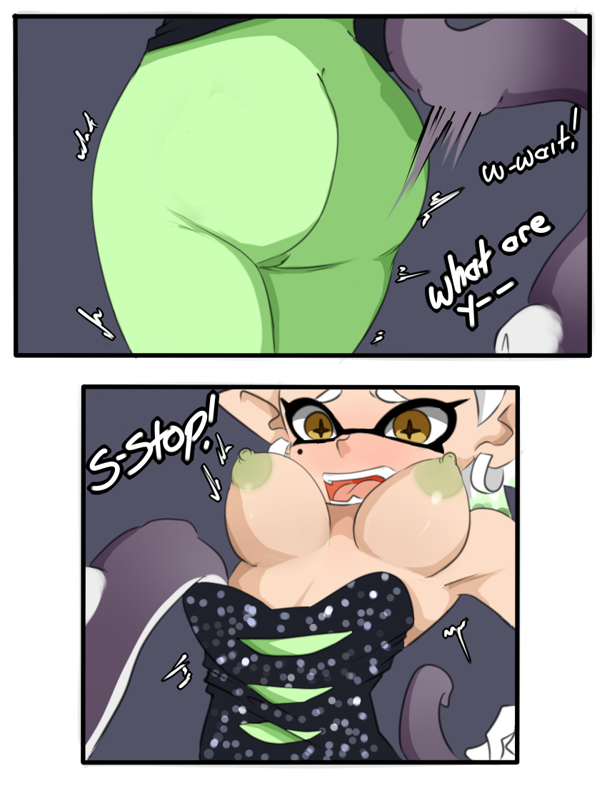 2019 animal_humanoid breasts butt cephalopod cephalopod_humanoid clothed clothing comic dialogue digital_media_(artwork) ear_piercing english_text exposed_breasts female hair humanoid imminent_sex inkling inuyuru light_skin marie_(splatoon) marine marine_humanoid mollusk mollusk_humanoid nintendo nipples piercing short_hair solo splatoon surprise tentacle_hair tentacles text undressing video_games white_hair yellow_eyes