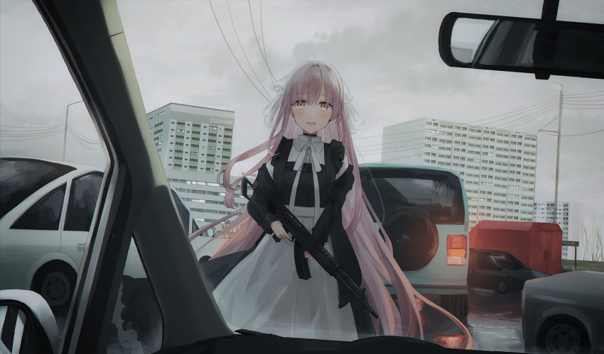 :d aek-971 apron bangs black_dress blush brown_eyes building cat chihuri cloud cloudy_sky collared_shirt commentary dress dress_shirt dutch_angle eyebrows_visible_through_hair fingernails gun hair_between_eyes holding holding_gun holding_weapon lamppost long_hair long_sleeves looking_at_viewer open_mouth original overcast pink_hair power_lines see-through shirt sky smile solo trigger_discipline vehicle_request veil very_long_hair waist_apron weapon white_apron white_shirt