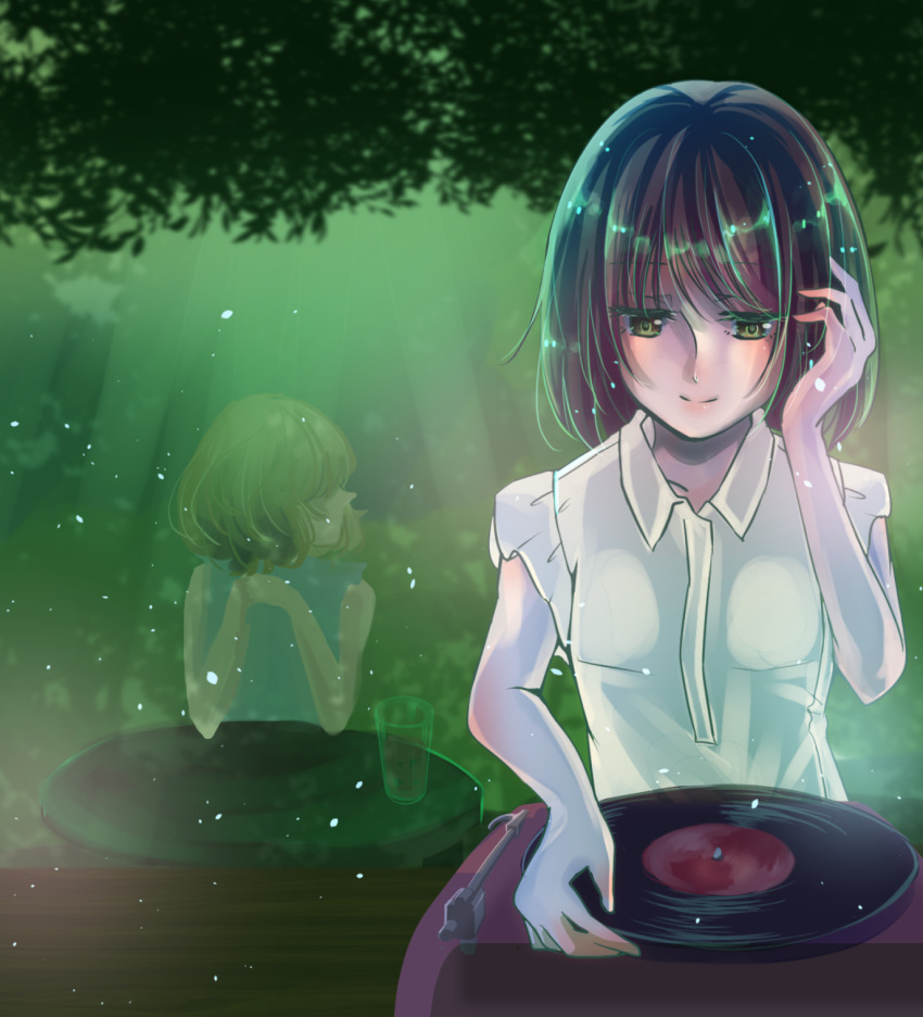 bangs black_hair brown_eyes collared_shirt cup drinking_glass green hand_in_hair highres kokonoha_mikage leaf light looking_down maribel_hearn medium_hair multiple_girls no_hat no_headwear phonograph record shirt smile table touhou upper_body usami_renko white_shirt