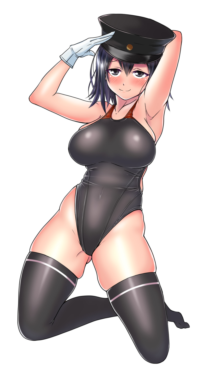 1girl absurdres aiuchi akitsu_maru_(kantai_collection) black_eyes black_hair black_hat black_legwear black_swimsuit breasts closed_mouth competition_swimsuit eyebrows_visible_through_hair gloves hair_between_eyes hat highleg highres kantai_collection large_breasts military military_hat military_uniform one-piece_swimsuit peaked_cap short_hair simple_background sitting smile solo swimsuit thighhighs uniform wariza white_background white_gloves