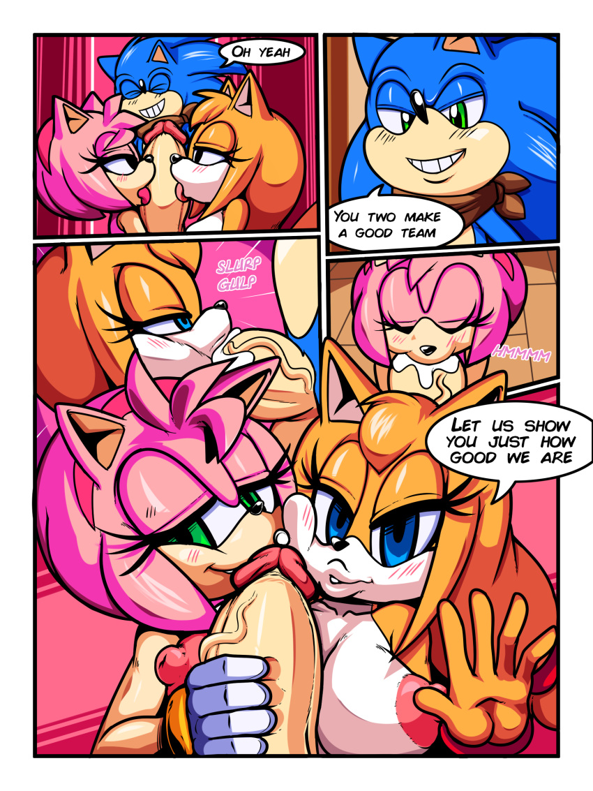 absurd_res amy_rose anthro big_breasts big_penis breasts canine cloudz comic cum cum_in_mouth cum_inside dialogue dreamcastzx1 english_text fellatio female fox group group_sex hedgehog hi_res huge_breasts huge_penis licking male male/female mammal oral penis penis_lick sex sonic_(series) sonic_boom sonic_the_hedgehog text threesome tongue tongue_out video_games zooey_the_fox