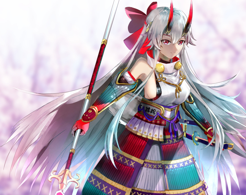 armor bow breasts cropped dress elbow_gloves fate/grand_order fate_(series) gloves horns japanese_clothes katana long_hair red_eyes samurai sideboob spear sword tomoe_gozen tsujieiri weapon white_hair