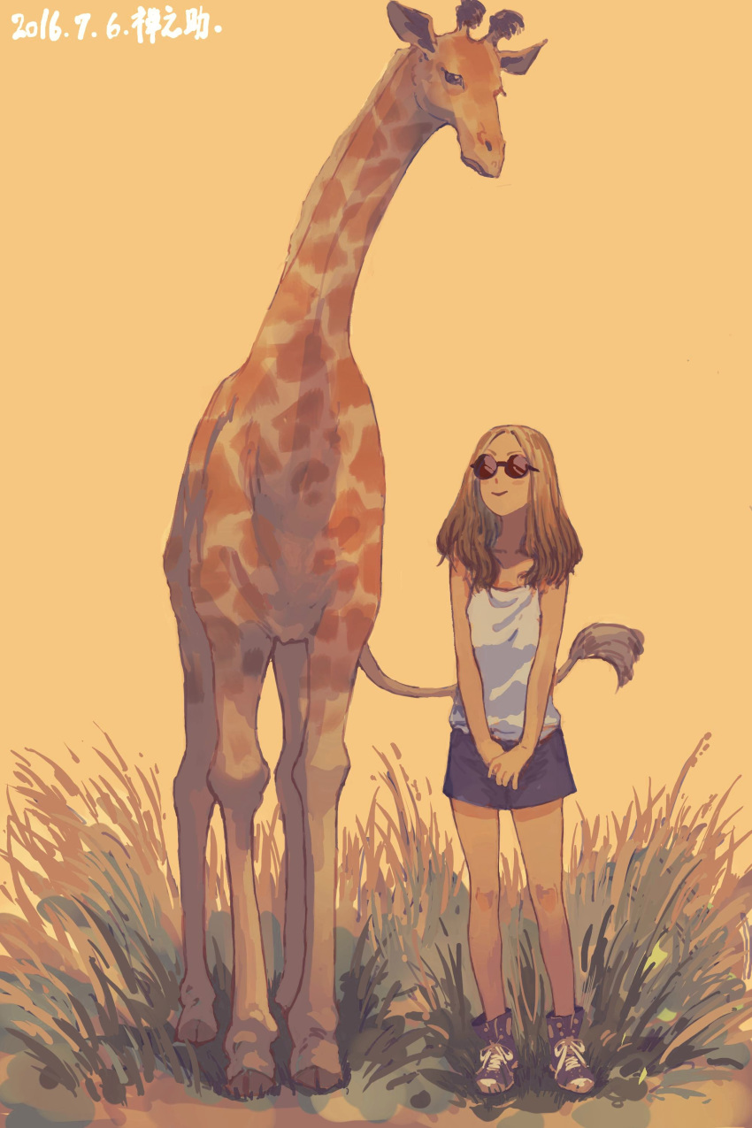absurdres animal ankle_boots bare_arms bare_shoulders blonde_hair blue_shorts blush boots camisole closed_mouth commentary_request dated giraffe grass highres long_hair original purple_footwear round_eyewear short_shorts shorts simple_background smile solo standing sunglasses v_arms white_camisole yellow_background zennosuke