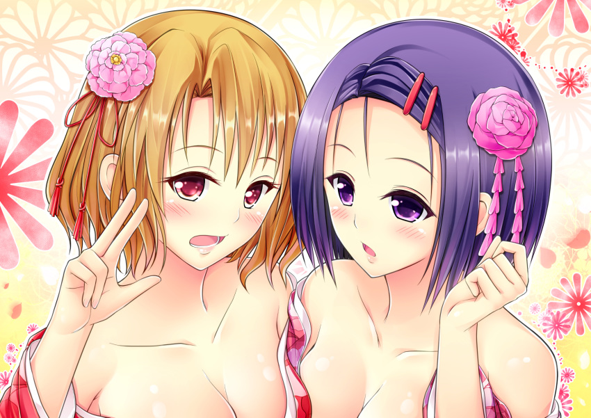 blonde_hair blue_hair breasts cleavage collarbone flower hair_flower hair_ornament hairclip harusame_kiruke highres momioka_risa multiple_girls off_shoulder open_mouth pink_flower purple_eyes red_eyes red_ribbon ribbon sairenji_haruna shiny shiny_hair short_hair to_love-ru upper_body