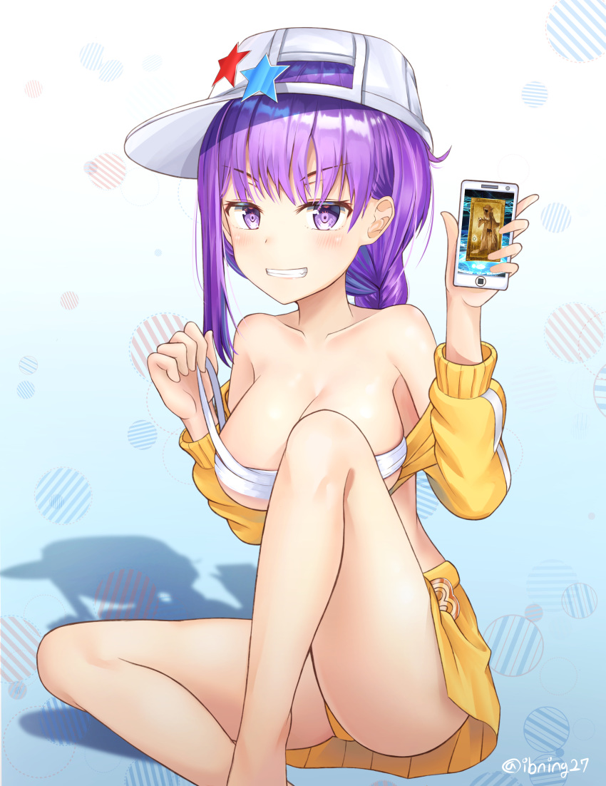 :d absurdres ass bandeau bangs bare_legs bare_shoulders baseball_cap bb_(fate)_(all) bb_(swimsuit_mooncancer)_(fate) blush braid breasts cellphone cleavage collarbone exitb fate/grand_order fate_(series) gradient gradient_background hands_up hat highres holding holding_phone jacket large_breasts leg_up long_hair long_sleeves looking_at_viewer miniskirt off_shoulder open_mouth phone purple_eyes purple_hair shadow shiny shiny_hair shiny_skin sidelocks sideways_hat simple_background sitting skirt smartphone smile smirk solo star star_hat_ornament teeth thighs twitter_username white_hat yellow_jacket yellow_skirt