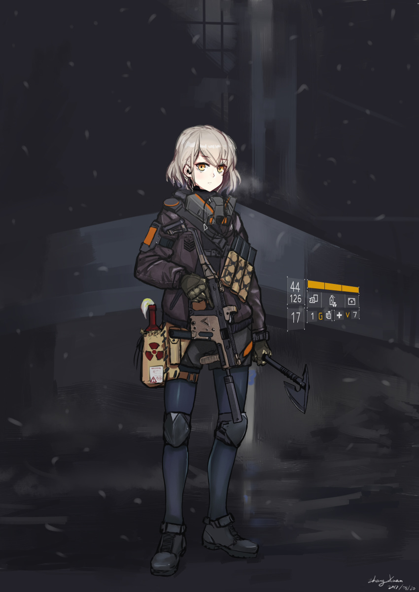 absurdres ammunition commentary_request gas_mask girls_frontline gloves grey_hair gun highres holding holding_gun holding_weapon jacket knee_pads kriss_vector molotov_cocktail shoes shorts solo submachine_gun tom_clancy's_the_division tomahawk vector_(girls_frontline) weapon wushi_weizhi yellow_eyes