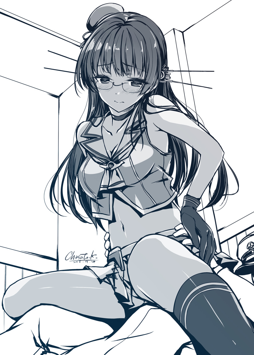 1girl artist_name bangs bare_shoulders blush breasts choker choukai_(kantai_collection) cleavage closed_mouth collarbone commentary_request dated eyebrows_visible_through_hair girl_on_top glasses gloves greyscale hair_ornament hairpin hand_on_another's_waist hat headwear_removed hetero highres implied_sex indoors kantai_collection kneehighs kobayashi_chisato long_hair long_sleeves looking_down lying medium_breasts military_hat mini_hat miniskirt monochrome navel nose_blush on_back pants pleated_skirt remodel_(kantai_collection) reverse_cowgirl_position rimless_eyewear signature skirt solo_focus spread_legs stomach straddling torso_grab vest