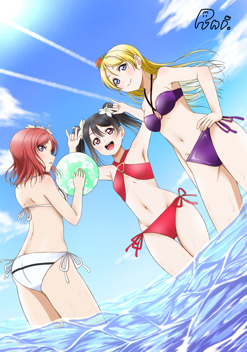 87025_runi :d absurdres armpits ayase_eli ball bibi_(love_live!) bikini black_hair blonde_hair blue_eyes blush breasts cleavage cutie_panther floating_hair flower grey_eyes groin hair_between_eyes hair_flower hair_ornament halterneck hand_on_hip highres holding holding_ball lily_(flower) long_hair looking_back love_live! love_live!_school_idol_project medium_breasts multiple_girls navel nishikino_maki open_mouth orange_flower purple_bikini red_bikini red_eyes red_hair side-tie_bikini small_breasts smile standing swimsuit twintails wading white_bikini white_flower yazawa_nico