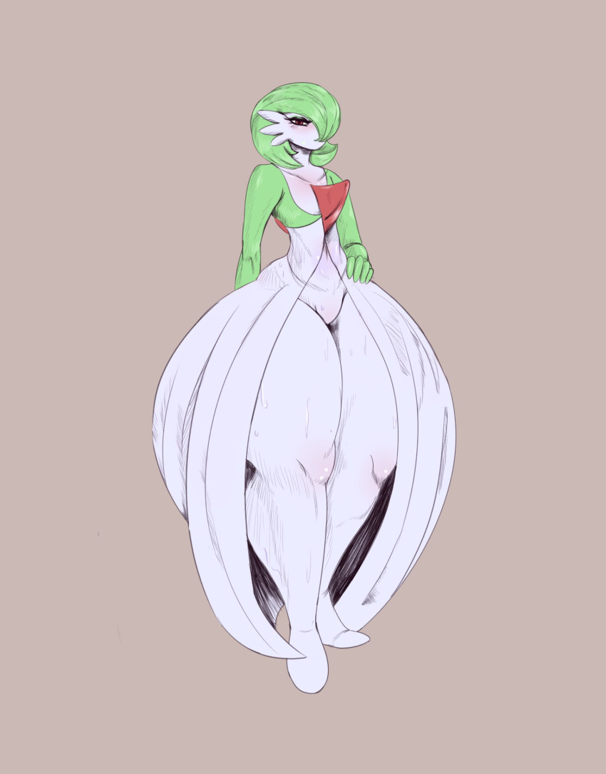 coldfrontvelvet featureless_crotch female flat_chested gardevoir hair hair_over_eye hi_res humanoid hyper_thighs looking_at_viewer makeup nintendo not_furry pok&eacute;mon pok&eacute;mon_(species) smile solo standing video_games wide_hips