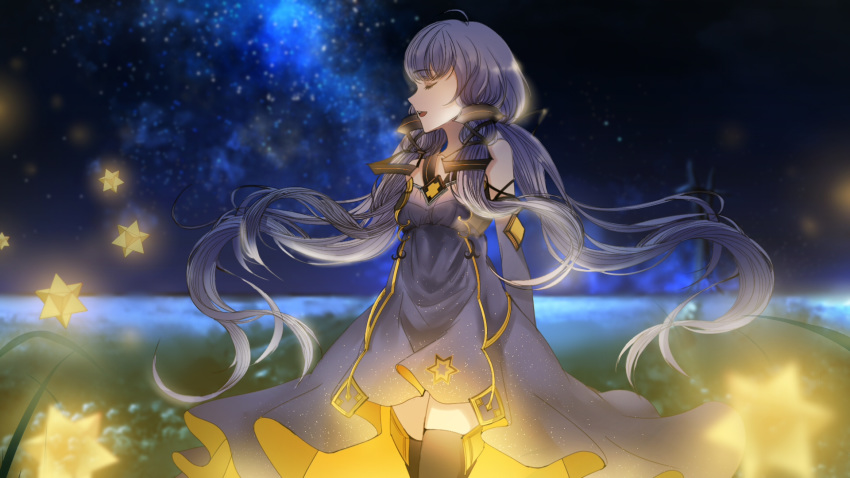 ahoge black_legwear blue_hair blurry blurry_background closed_eyes cowboy_shot detached_sleeves dress eyebrows_visible_through_hair floating_hair hair_ornament highres kleinlight long_hair night open_mouth outdoors quad_tails shiny shiny_hair short_dress sky sleeveless sleeveless_dress solo standing star_(sky) starry_sky thighhighs very_long_hair vocaloid xingchen