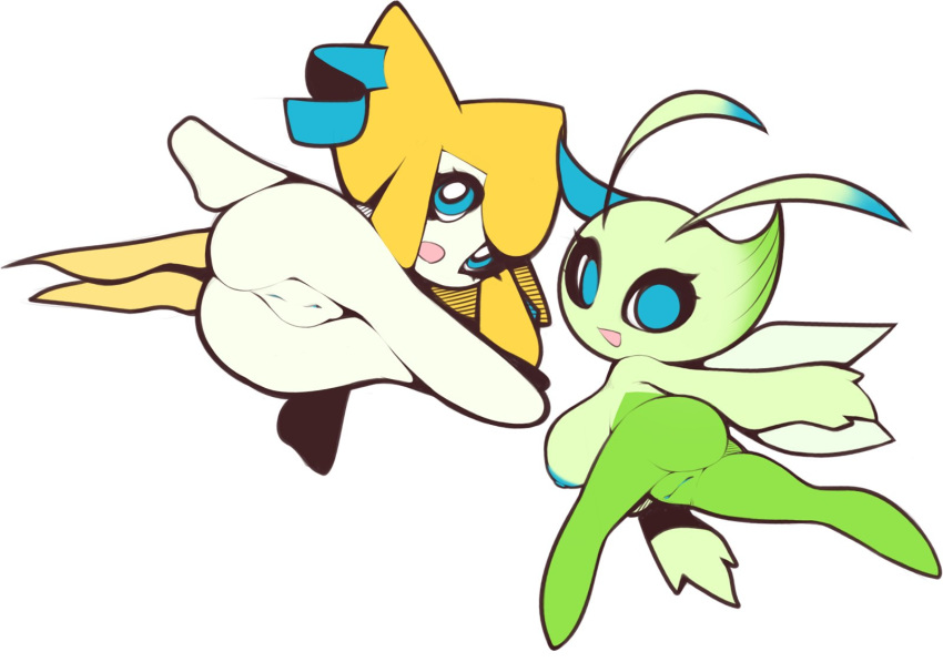 big_breasts breasts butt celebi duo female humanoid jirachi legendary_pok&eacute;mon looking_at_viewer nintendo nipples plantpenetrator pok&eacute;mon pok&eacute;mon_(species) pussy short_stack simple_background video_games