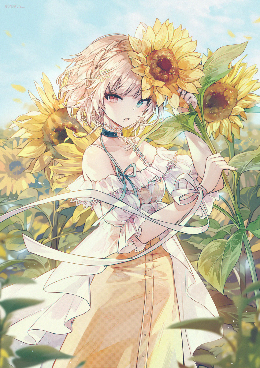 bandaged_fingers bandages bangs blue_eyes blue_sky blush braid breasts choker cleavage cloud collarbone cowboy_shot day dress dust_particles eyebrows_visible_through_hair field floating_hair flower flower_choker flower_field french_braid hair_ornament heart heart_choker heterochromia highres holding holding_flower looking_at_viewer medium_breasts mole mole_under_mouth open_clothes open_dress open_mouth original outdoors petals red_eyes ribbon see-through short_hair sidelocks sky snow_is solo star star_hair_ornament sunflower twitter_username white_dress white_ribbon wind wind_lift wrist_ribbon yellow_dress