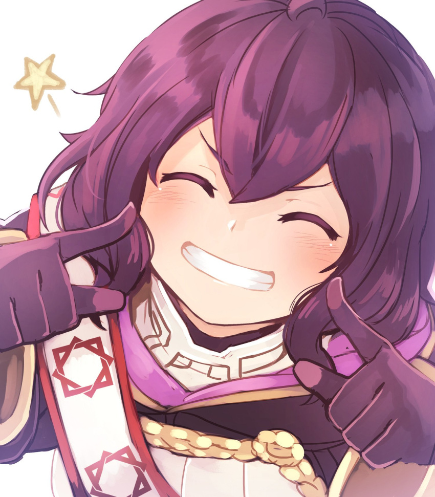 1girl black_gloves black_hair eyes_closed fire_emblem fire_emblem:_kakusei fire_emblem_heroes gloves grin highres index_finger_raised mark_(female)_(fire_emblem) mark_(fire_emblem) nakabayashi_zun nintendo short_hair simple_background smile solo white_background