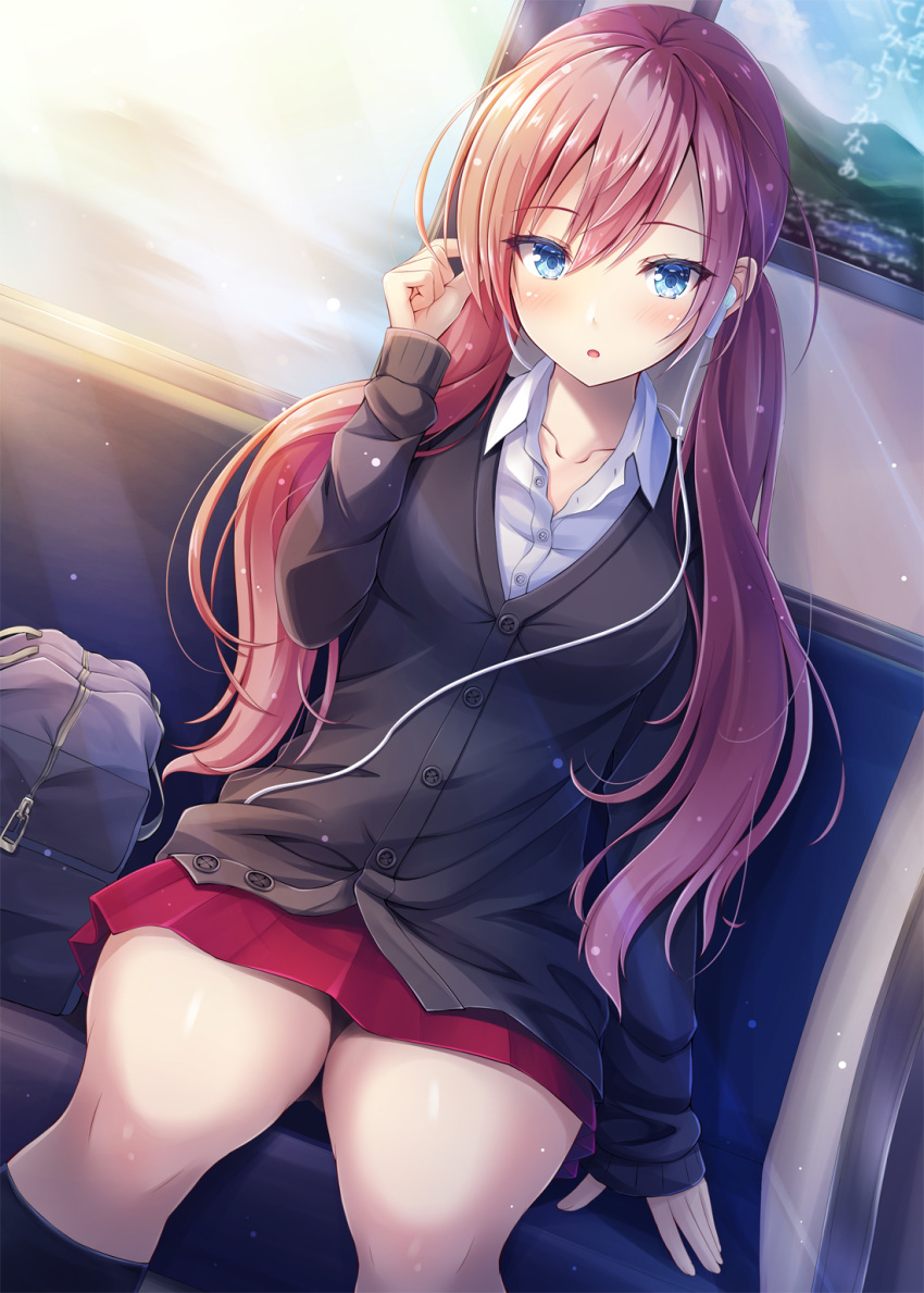 akashio_(loli_ace) bag bangs bench black_legwear blue_eyes blush breasts brown_cardigan cardigan collarbone collared_shirt commentary_request dress_shirt dutch_angle earbuds earphones eyebrows_visible_through_hair fingernails hair_between_eyes hand_up highres indoors kneehighs long_hair long_sleeves looking_at_viewer medium_breasts on_bench original parted_lips pleated_skirt red_hair red_skirt shirt sitting skirt sleeves_past_wrists solo twintails very_long_hair white_shirt
