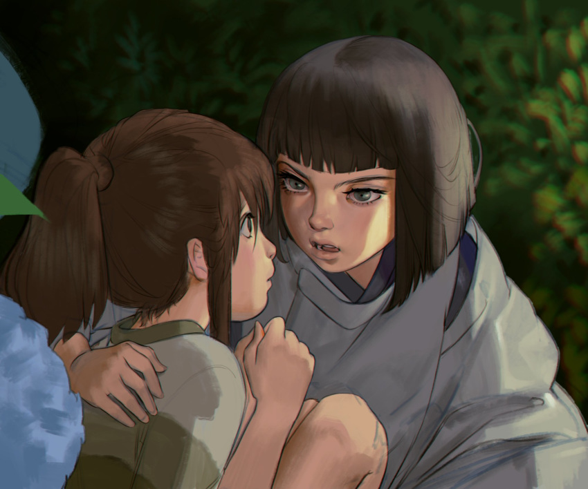 1girl bangs blunt_bangs clenched_hand commentary couple day english_commentary eye_contact from_side green_shirt haku_(sen_to_chihiro_no_kamikakushi) han_seung_hee highres lips looking_at_another ogino_chihiro outdoors parted_lips ponytail profile sen_to_chihiro_no_kamikakushi shirt sunlight teeth