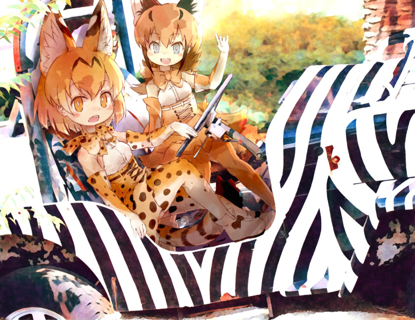 animal_ears animal_print bare_shoulders belt black_hair blonde_hair blue_eyes bow bowtie car caracal_(kemono_friends) caracal_ears caracal_tail commentary elbow_gloves eyebrows_visible_through_hair fangs gloves ground_vehicle high-waist_skirt highres kemono_friends kolshica light_brown_hair motor_vehicle multicolored_hair multiple_girls open_mouth serval_(kemono_friends) serval_ears serval_print serval_tail short_hair sidelocks sitting skirt sleeveless tail thighhighs yellow_eyes zebra_print