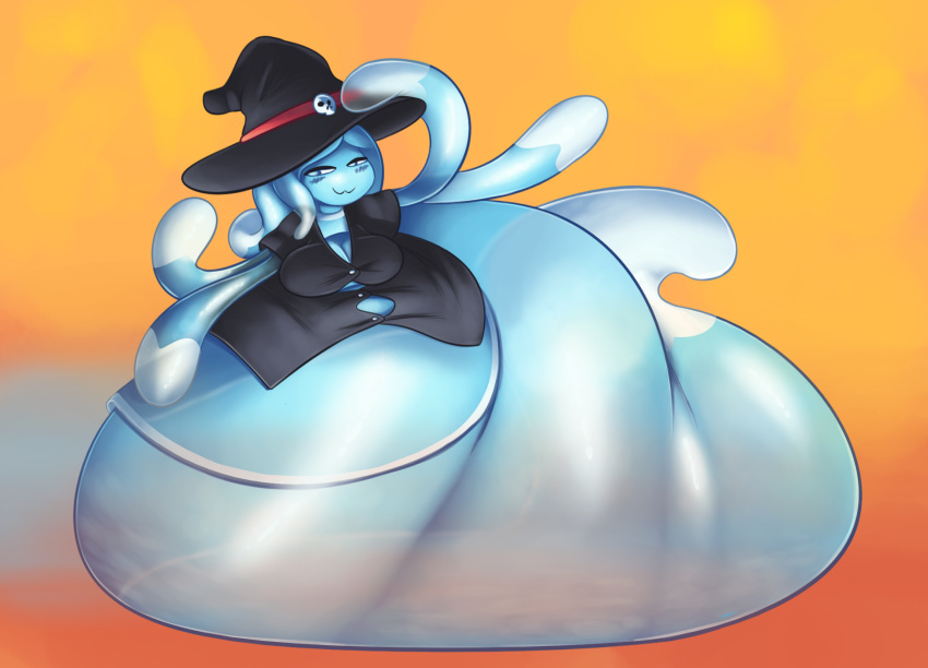 :3 belly big_belly big_breasts black_clothing blue_eyes blue_skin blush breasts clothed clothing cute female ghost hair hat hi_res hyper hyper_belly quasi quasi-ghost samael smile solo spirit tentacles translucent witch_hat