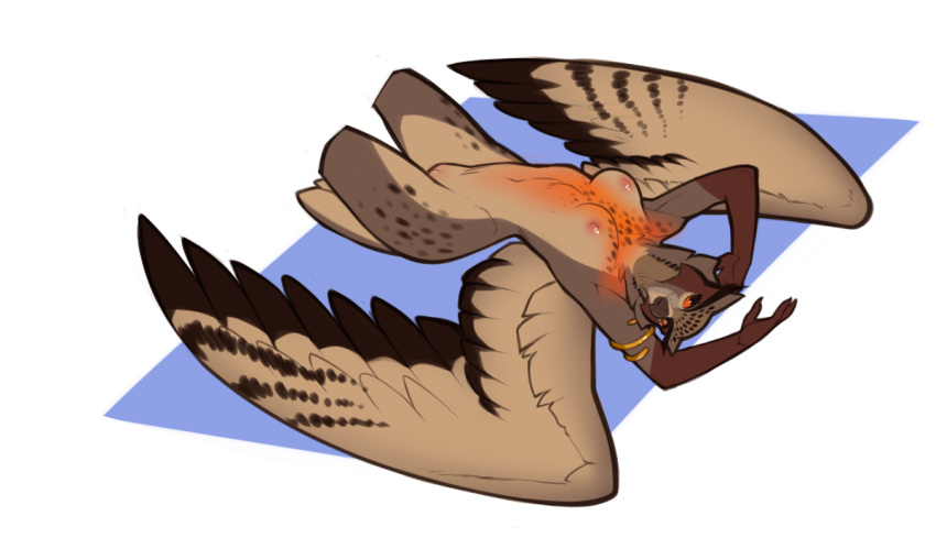 2016 3_fingers abstract_background anthro armlet arms_above_head avian beak bedroom_eyes beige_pussy big_breasts biped bird black_eyes blue_background breasts brown_countershading brown_feathers brown_spots brown_stripes brown_tail brown_wings countershade_legs countershade_tail countershade_torso countershading digital_drawing_(artwork) digital_media_(artwork) eurasian_eagle-owl eyebrows feather_tuft feathered_wings feathers female folded_wings gloves_(marking) grey_beak half-closed_eyes half-length_portrait horned_owl humanoid_hands looking_aside looking_away luna_(tehaxis) lying markings multicolored_feathers navel neck_tuft nipples non-mammal_breasts nude on_back orange_feathers orange_sclera owl pink_nipples pinup portrait pose pussy seductive simple_background small_waist smile solo spearfrost spots spotted_feathers striped_feathers striped_wings stripes tail_feathers thick_eyebrows tuft two_tone_feathers white_background wings
