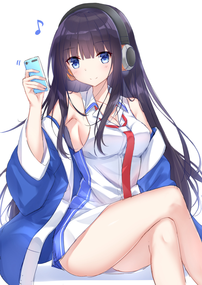 1girl ass azur_lane bangs bare_shoulders blue_eyes blue_jacket breasts brown_hair cellphone cleavage closed_mouth collarbone collared_dress commentary_request dress eighth_note eyebrows_visible_through_hair hair_between_eyes headphones highres holding holding_cellphone holding_phone jacket legs_crossed long_hair long_island_(azur_lane) medium_breasts musical_note open_clothes open_jacket phone red_neckwear sleeveless sleeveless_dress smile solo takeg05 very_long_hair white_background white_dress