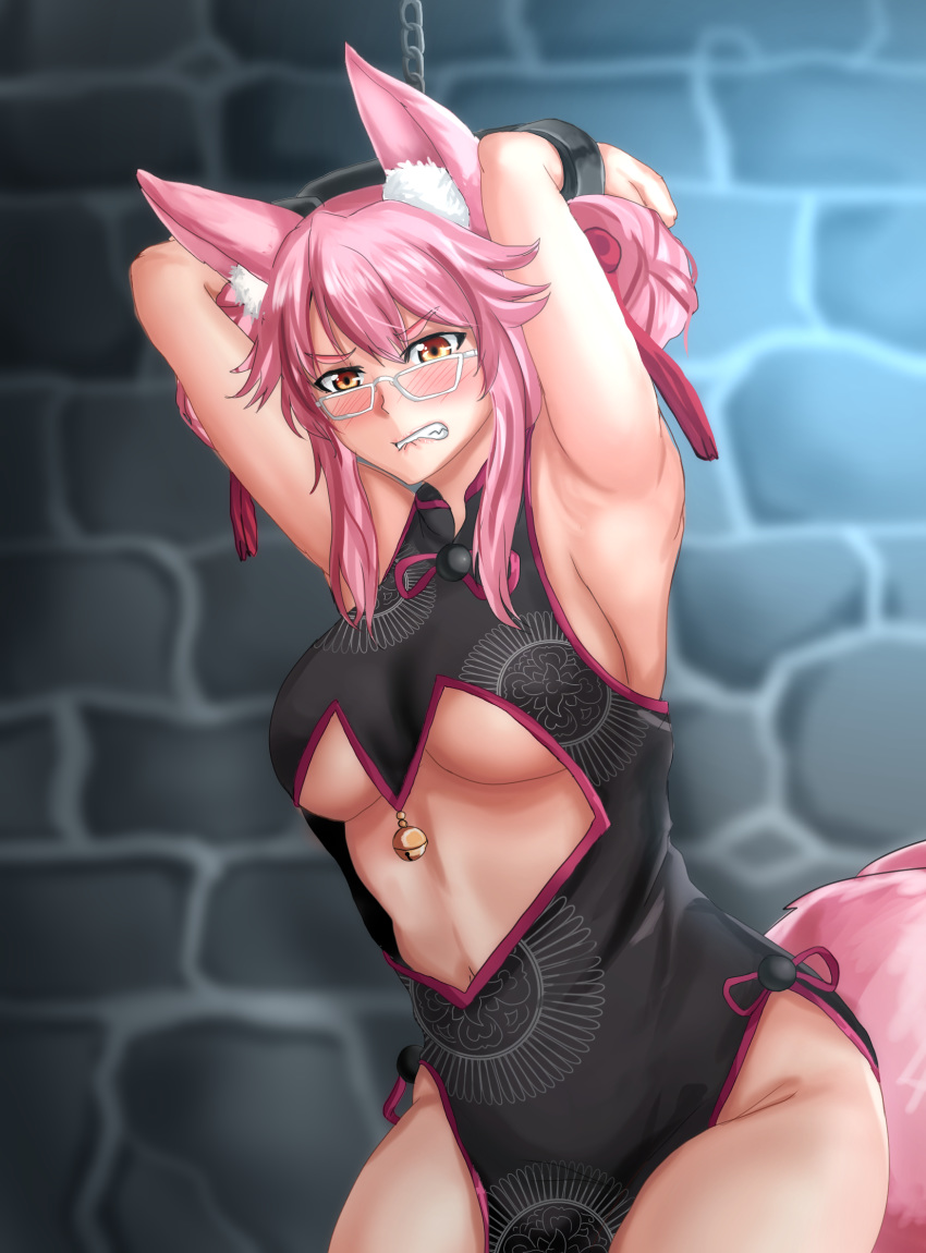 1girl animal_ear_fluff animal_ears artist_request bangs bare_shoulders black_dress blush bound bound_wrists breasts chains china_dress chinese_clothes dress eyebrows_visible_through_hair fang fate/grand_order fate_(series) fox_ears fox_tail frown glasses hair_between_eyes hair_ribbon highres koyanskaya large_breasts navel one_eye_closed orange_eyes pink_hair pink_ribbon ribbon side_slit solo tail tamamo_(assassin)_(fate) tamamo_(fate)_(all) tamamo_no_mae_(fate) white-framed_eyewear yellow_eyes