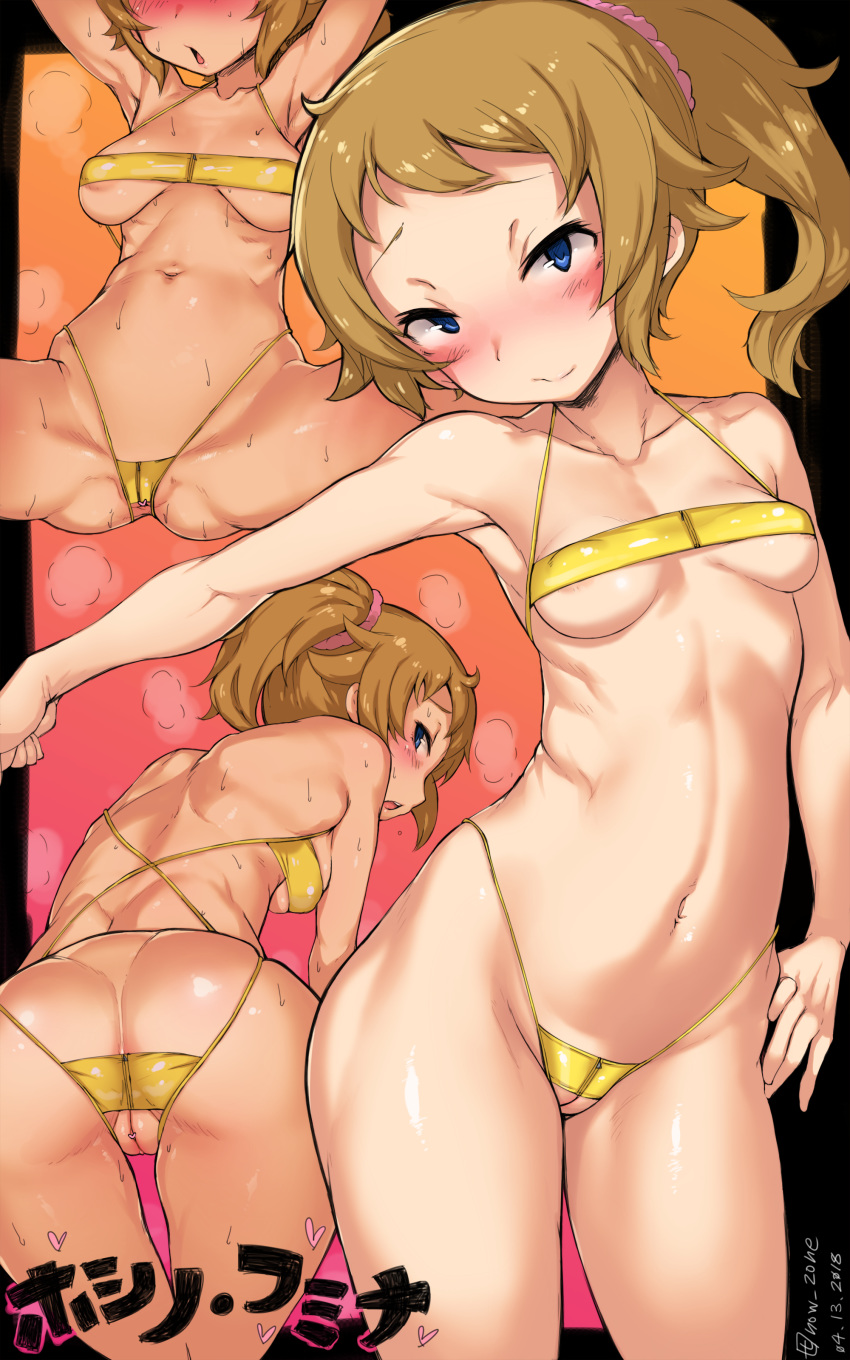 1girl 2018 anus ass bare_arms bare_legs bare_shoulders bikini blue_eyes blush breasts brown_hair censored closed_mouth dated female gundam gundam_build_fighters gundam_build_fighters_try heart heart_censor highleg highleg_bikini hoshino_fumina imazon looking_at_viewer looking_back medium_breasts multiple_views nipples open_mouth ponytail profile solo spread_legs swimsuit