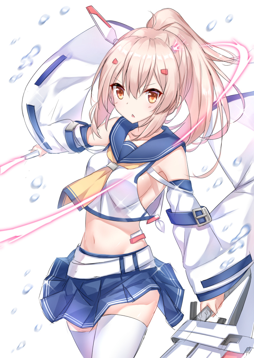 1girl :&lt; ayanami_(azur_lane) azur_lane bangs belt blue_sailor_collar blue_skirt blush breasts brown_eyes commentary_request detached_sleeves eyebrows_visible_through_hair hair_between_eyes hair_ornament hairclip headgear high_ponytail highres holding holding_sword holding_weapon light_brown_hair long_hair long_sleeves medium_breasts midriff navel parted_lips pleated_skirt ponytail sailor_collar school_uniform serafuku shirt sidelocks simple_background sketch skirt sleeveless sleeveless_shirt solo sword takeg05 thighhighs triangle_mouth v-shaped_eyebrows weapon white_background white_belt white_legwear white_shirt white_sleeves wide_sleeves yellow_neckwear