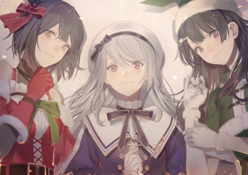 3girls absurdres bare_shoulders belt beret black_hair blue_eyes blue_hair blush bow bowtie capelet christmas collar commentary earrings frilled_collar frills from_above gloves green_santa_costume grey_hair hair_bow hair_down hair_ornament hairclip hands_together hat highres higuchi_kaede jewelry long_hair looking_at_viewer lying mole mole_under_eye multiple_girls nijisanji on_back on_floor on_side pale_skin purple_eyes red_gloves sailor_collar santa_costume santa_hat shizuka_rin short_hair side-by-side single_earring tsukino_mito unti_no_azi virtual_youtuber white_background white_gloves yellow_eyes