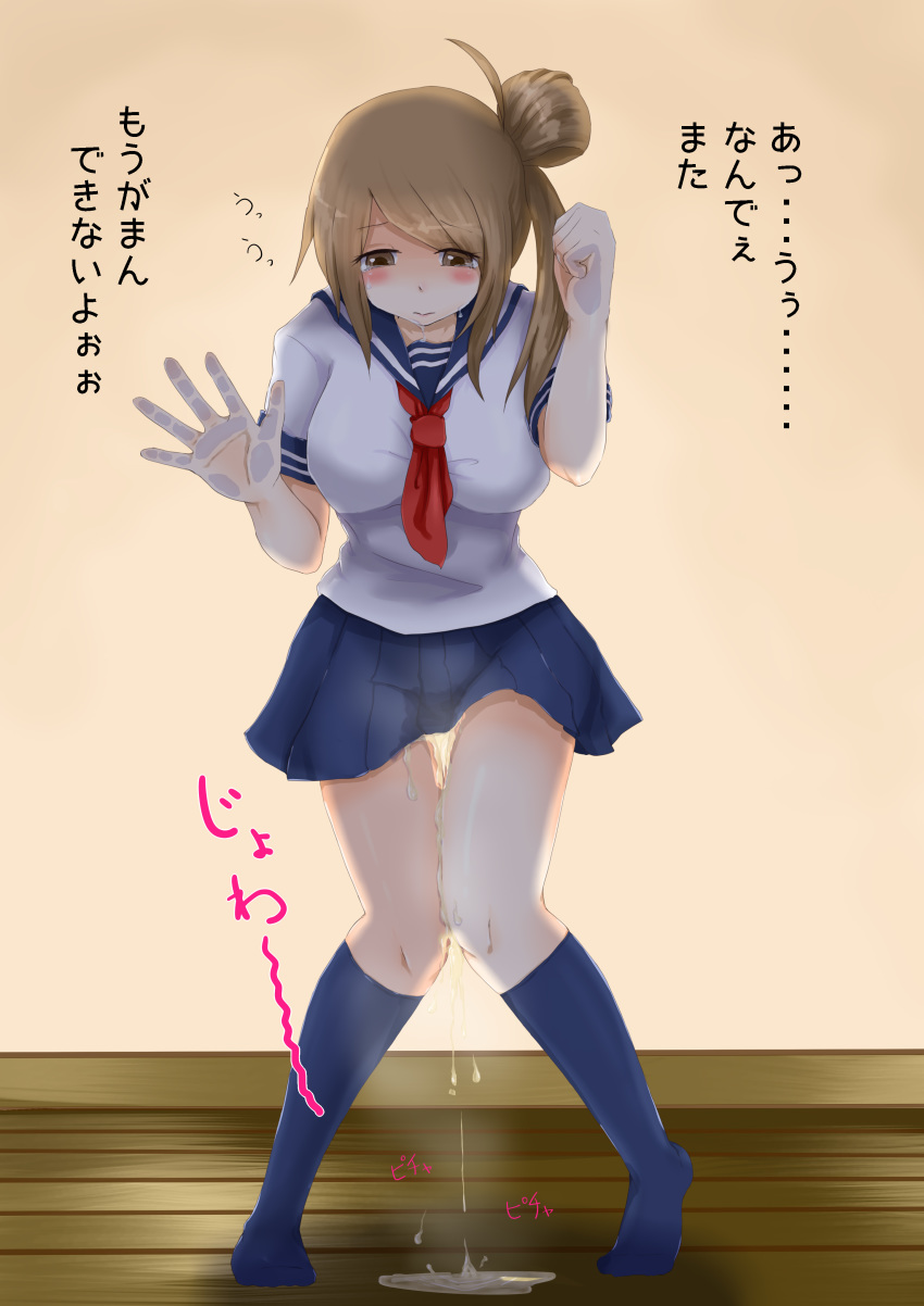 1girl absurdres bangs blue_legwear blue_sailor_collar blue_skirt blush breasts brown_eyes brown_hair clenched_hand closed_mouth crying embarrassed eyebrows_visible_through_hair female full_body half-closed_eyes hands_up heel_up highres indoors japanese_text kneehighs knees_together_feet_apart looking_down matching_hair/eyes matsuchi medium_breasts miniskirt neckerchief original peeing peeing_self pleated_skirt puddle red_neckwear sailor_collar school_uniform serafuku shiny shiny_hair shirt short_sleeves skirt solo standing steam swept_bangs talking tears text_focus thigh_gap tied_hair translation_request white_shirt