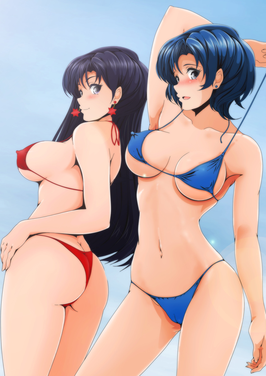 arm_up armpits ass bikini bishoujo_senshi_sailor_moon black_hair blue_hair blush breasts butt_crack cameltoe collarbone contrapposto covered_nipples dutch_angle earrings from_below highres hino_rei jewelry long_hair looking_at_viewer looking_down mizuno_ami nanashi_noiji navel outdoors purple_eyes short_hair sky smile swimsuit underboob