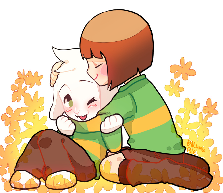 2016 ambiguous_gender anthro asriel_dreemurr blinking blush boss_monster caprine chara_(undertale) clothed clothing eyes_closed flower fully_clothed goat hi_res hug kemono long_ears male mammal petting plant rie_(artist) sitting smile sweater undertale video_games