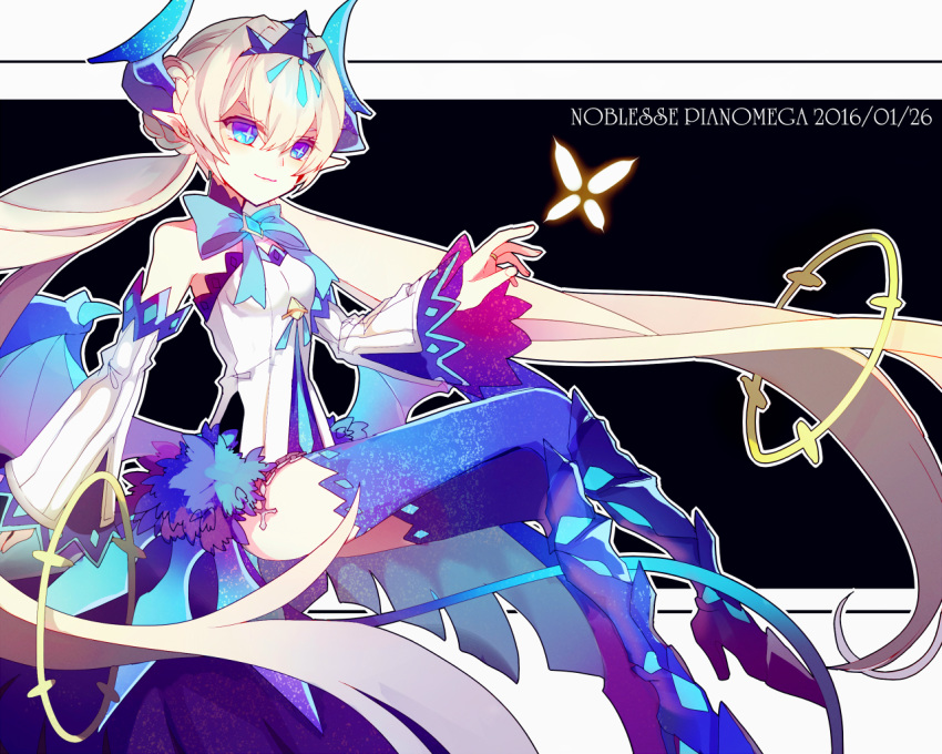 athria bare_shoulders blue_eyes blue_footwear blue_legwear crown demon_girl demon_horns demon_tail demon_wings detached_sleeves elsword floating floating_object horns long_hair luciela_r._sourcream noblesse_(elsword) ribbon smile star star-shaped_pupils symbol-shaped_pupils tail white_hair wings