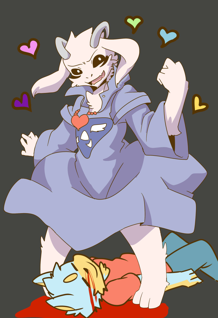 &lt;3 2015 3_toes anthro asriel_dreemurr asriel_dreemurr_(god_form) barefoot biped black_sclera blood blood_on_face blood_on_ground blood_pool blue_fur canine caprine cheek_tuft chest_tuft clothed clothing dog duo eyes_closed fist floppy_ears fur fur_markings goat grey_background head_tuft horn jewelry lying male mammal markings multicolored_fur necklace nosebleed on_back open_mouth open_smile pants pose robe saku1saya seiya_(saku1saya) shirt simple_background smile standing tan_fur toes tuft two_tone_fur undertale video_games white_eyes white_fur