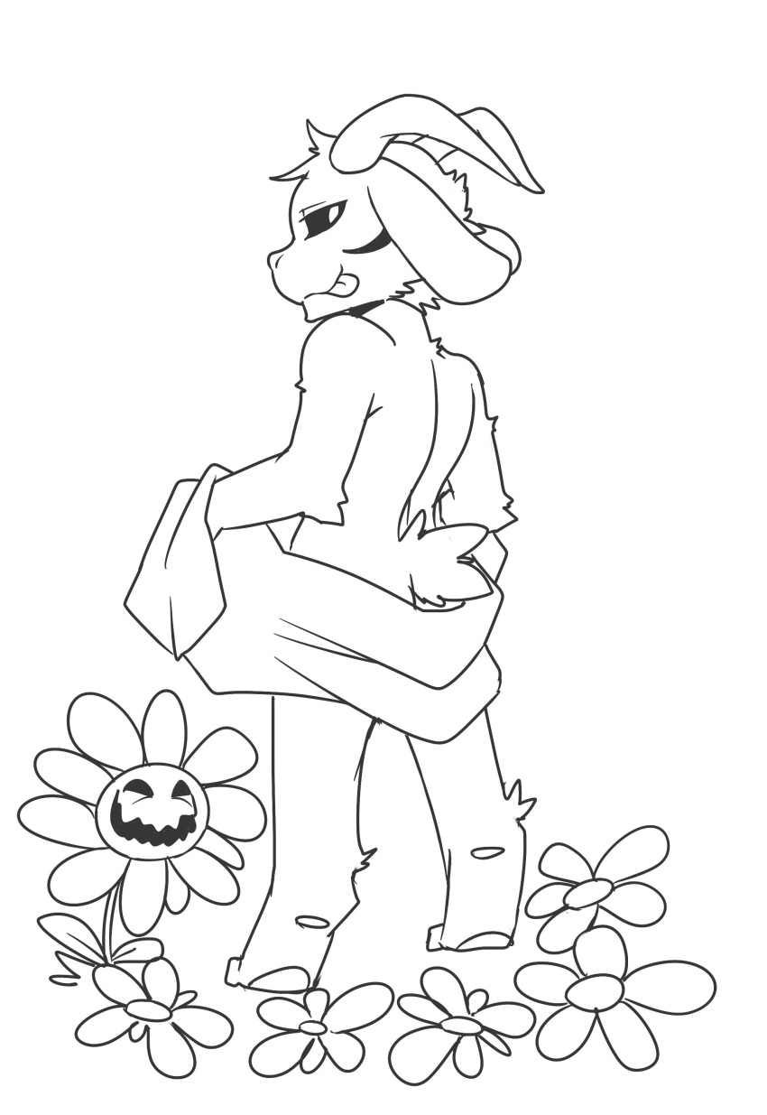 2015 anthro asriel_dreemurr asriel_dreemurr_(god_form) biped black_and_white black_sclera boss_monster caprine duo empty_eyes floppy_ears flower flowey_the_flower goat head_tuft horn leaves looking_at_viewer looking_back male mammal monochrome nude open_mouth open_smile pawpads plant saku1saya simple_background smile solo_focus standing teasing tongue tongue_out towel undertale video_games white_background