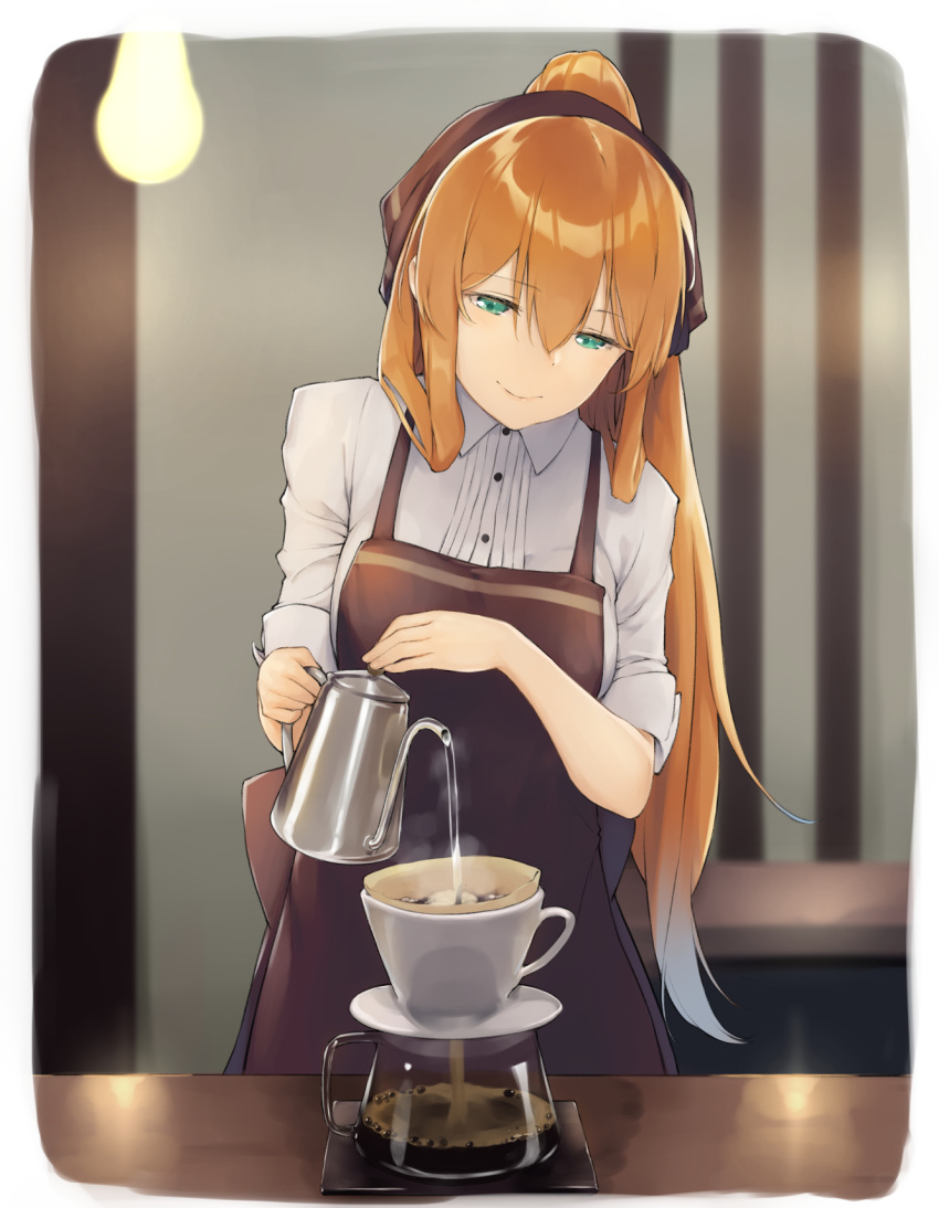 apron aqua_eyes black_apron black_ribbon blue_hair blurry blurry_background border breasts closed_mouth coffee coffee_filter collared_shirt commentary cup dabuki depth_of_field eyebrows_visible_through_hair girls_frontline gradient_hair hair_ribbon half-closed_eyes high_ponytail highres holding indoors jug light_bulb long_hair looking_away looking_down m1903_springfield_(girls_frontline) medium_breasts multicolored_hair orange_hair pink_lips ribbon shiny shiny_hair shirt sleeves_folded_up smile solo steam straight_hair table upper_body very_long_hair water white_border white_shirt wing_collar