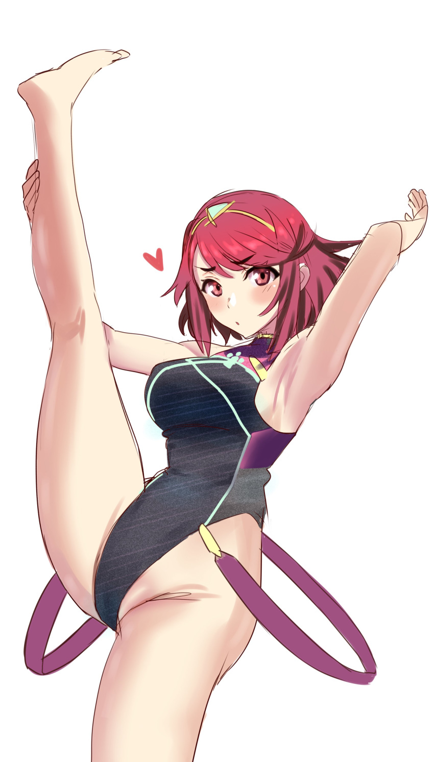 arm_up bangs breasts highleg highleg_swimsuit highres homura_(xenoblade_2) kujuu_shikuro large_breasts leg_up one-piece_swimsuit red_eyes red_hair short_hair swept_bangs swimsuit tiara xenoblade_(series) xenoblade_2