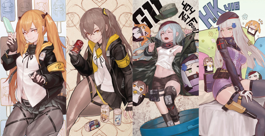 4girls bangs beret black_jacket blunt_bangs brand_name_imitation can commentary fingerless_gloves food g11_(girls_frontline) girls_frontline gloves green_eyes grey_hair gun hair_ribbon handgun hat headwear_removed highres hk416_(girls_frontline) jacket midriff miniskirt multiple_girls orange_hair pantyhose popsicle ribbon scar scar_across_eye side_ponytail silver_hair skirt soda_can tamidro thighhighs twintails ump45_(girls_frontline) ump9_(girls_frontline) weapon white_gloves yellow_eyes zettai_ryouiki