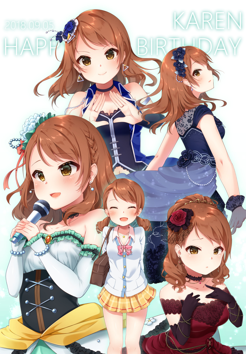 :d absurdres alternate_hairstyle arms_behind_back bag black_gloves bow bowtie brown_eyes brown_hair character_name choker closed_eyes collarbone commentary_request corset dated detached_sleeves dress drill_hair earrings elbow_gloves flower gloves hair_flower hair_ornament happy_birthday highres houjou_karen idolmaster idolmaster_cinderella_girls idolmaster_cinderella_girls_starlight_stage jewelry looking_at_viewer loose_bowtie medium_hair microphone multiple_views nekonomimi off-shoulder_dress off_shoulder open_mouth pleated_skirt purple_dress red_dress school_bag school_uniform skirt smile triangle triangle_earrings twintails yellow_skirt