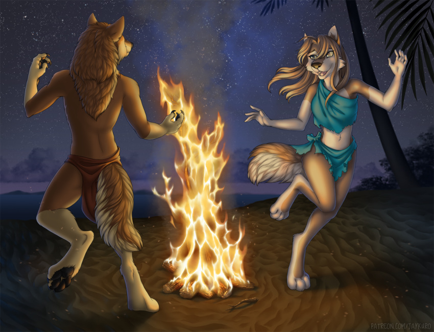 2018 4_toes 5_fingers anthro barefoot beach black_pawpads canine clothing detailed_background digital_media_(artwork) digitigrade duo female fire jay-kuro loincloth male mammal midriff navel night outside pawpads seaside sky smile standing star starry_sky toes wolf