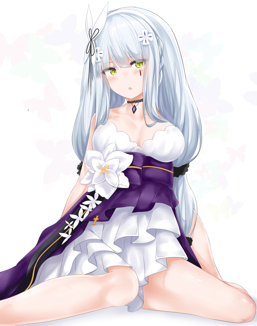 absurdres alternate_costume amethyst arm_support bangs bare_legs bare_shoulders blunt_bangs blush breasts butterfly_background choker cleavage commentary_request dress eyebrows_visible_through_hair facial_mark girls_frontline green_eyes hair_ornament head_tilt highres hk416_(girls_frontline) large_breasts layered_dress long_hair looking_at_viewer open_mouth ru_zhai sidelocks silver_hair sitting solo strapless strapless_dress teardrop very_long_hair wariza