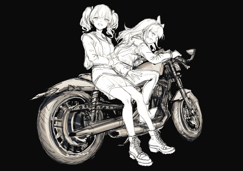 :d bangs black_background boots bow commentary cross-laced_footwear full_body greyscale ground_vehicle hair_bow hand_on_own_arm highres lace-up_boots lm7_(op-center) long_hair long_sleeves looking_at_viewer looking_back monochrome motor_vehicle motorcycle multiple_girls on_motorcycle open_mouth original pencil_skirt simple_background sitting sketch skirt smile twintails