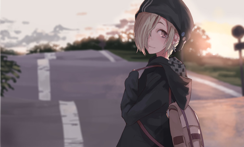 asymmetrical_hair backpack bag beanie black_coat black_hoodie blonde_hair coat cross cross_earrings earrings from_behind hair_over_one_eye hat hood hood_down hoodie idolmaster idolmaster_cinderella_girls jewelry light_smile looking_back outdoors red_eyes road road_sign sawarakajin shirasaka_koume short_eyebrows sign sleeves_past_wrists standing sunrise sunset twilight upper_body