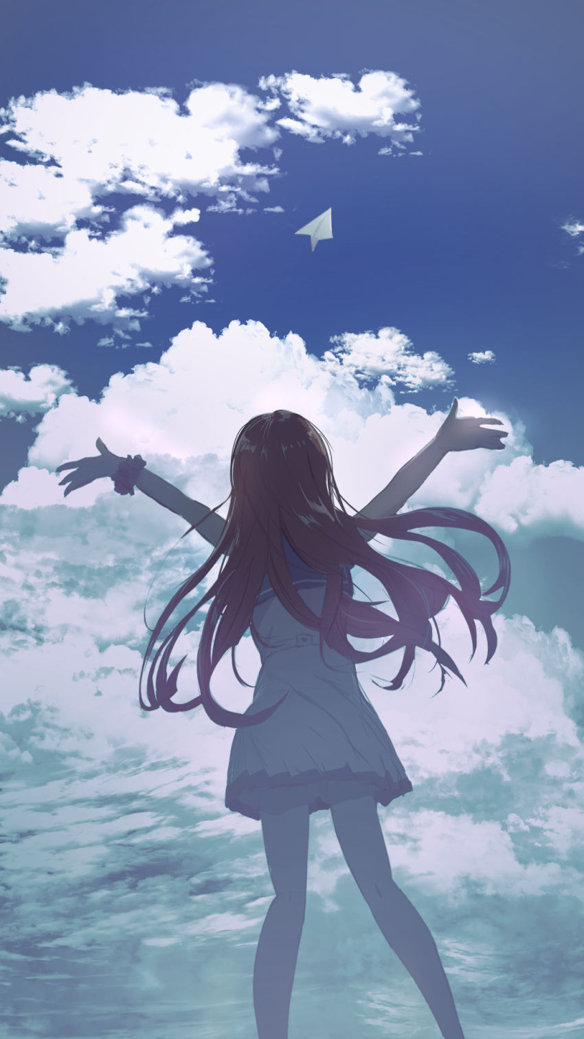arms_up blue_sailor_collar blue_sky brown_hair character_request cloud cloudy_sky commentary day dress facing_away highres kumamoto_nomii-kun long_hair nagi_no_asukara outdoors outstretched_arms pleated_dress sailor_collar sailor_dress sky sleeveless sleeveless_dress solo standing very_long_hair white_dress