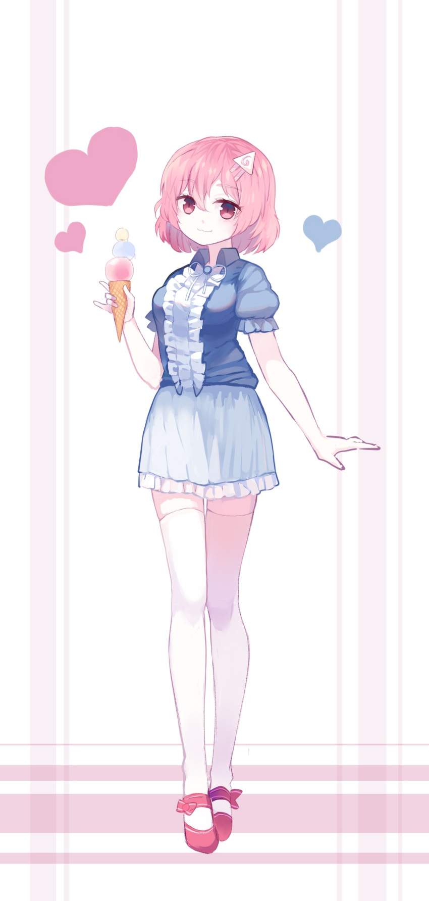 absurdres alternate_costume cuivre food full_body hair_ornament hairpin heart highres ice_cream pink_eyes pink_hair red_footwear saigyouji_yuyuko short_hair short_sleeves smile solo thighhighs touhou triangular_headpiece white_legwear zettai_ryouiki