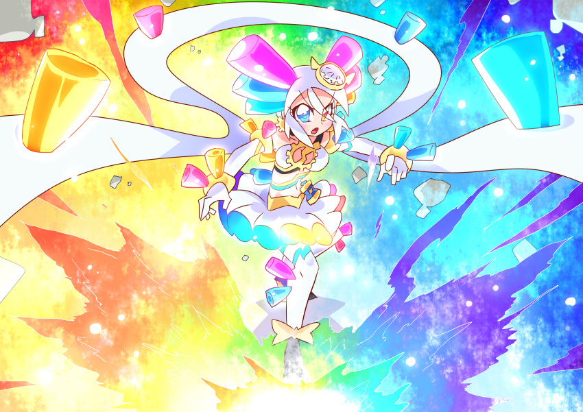 absurdres blue_eyes bracelet frilled_skirt frills genius_form gloves heterochromia highres jewelry kamen_rider kamen_rider_build kamen_rider_build_(series) magical_girl otokamu precure red_eyes rider-tan skirt solo white_gloves white_hair