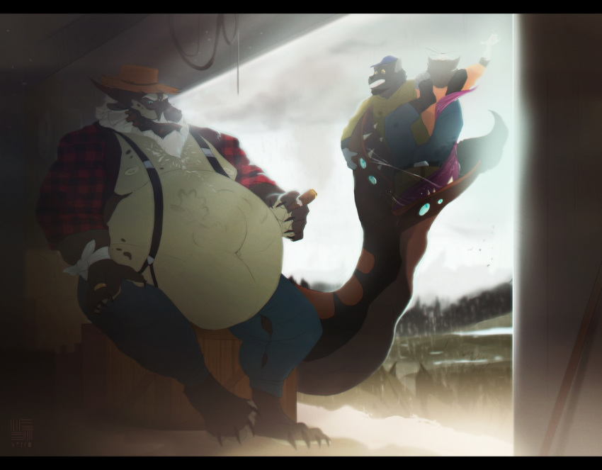 anthro barefoot beard belly big_belly canine cigar clothed clothing dragon duo facial_hair group hat male male_pred mammal open_shirt pants plaid post_vore ring sky suspenders tail_vore vetrowolf vore wolf