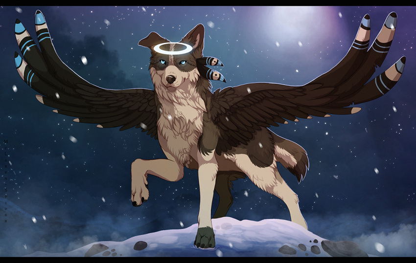 2013 ambiguous_gender blue_eyes brown_feathers brown_nose canine detailed_background digital_media_(artwork) dog feathered_wings feathers feral fur halo hybrid mammal maplespyder night outside paws snow solo standing tan_fur wings