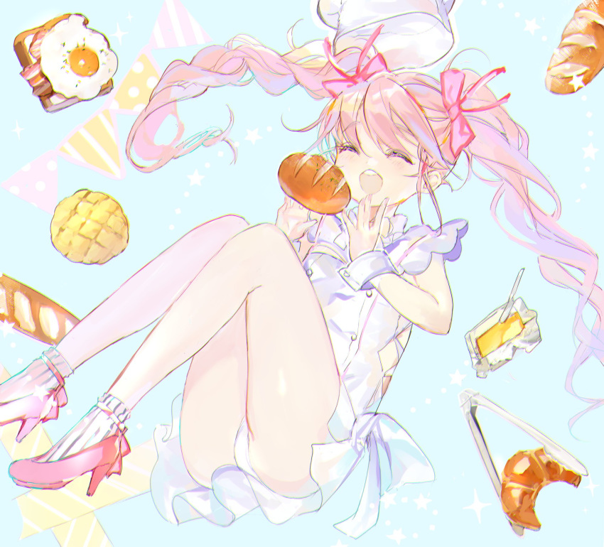 :d atsumi_jun baguette bread closed_eyes commentary_request croissant dress food fried_egg hair_ribbon hands_up high_heels highres long_hair open_mouth original pale_color panties pastel_colors pink_hair red_footwear red_ribbon ribbon round_teeth smile solo teeth twintails underwear white_dress white_panties wrist_cuffs