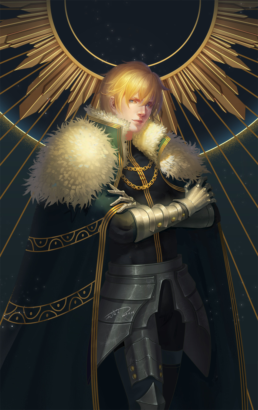 armor blonde_hair blue_eyes cape commentary_request crossed_arms dark_background dated fate/extra fate/grand_order fate_(series) fur_trim gauntlets gawain_(fate/extra) gold_trim highres looking_at_viewer male_focus realistic signature standing tianlingdoudou