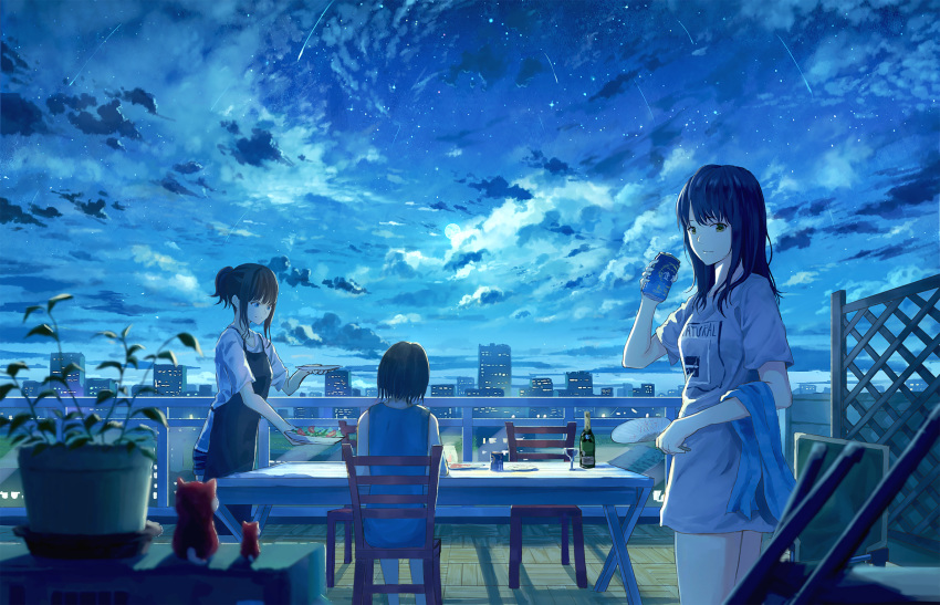 apron beer_can black_hair blue blue_eyes blurry bottle can chair city_lights cityscape clothes_writing cloud cowboy_shot cup depth_of_field dress drinking_glass expressionless fan figure from_behind full_moon highres looking_at_another looking_at_viewer looking_down moon multiple_girls night night_sky original outdoors paper_fan plant plate ponytail potted_plant revision rooftop salad shadow shirt shooting_star short_hair short_ponytail sidelocks sky sleeveless sleeveless_dress smile standing star_(sky) starry_sky sugi87 t-shirt table trellis uchiwa wine_bottle wine_glass wooden_floor yellow_eyes